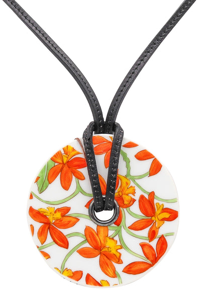 HERMES Paris Jardin Des Orchidees Porcelain & Leather Necklace In Hermès Box
