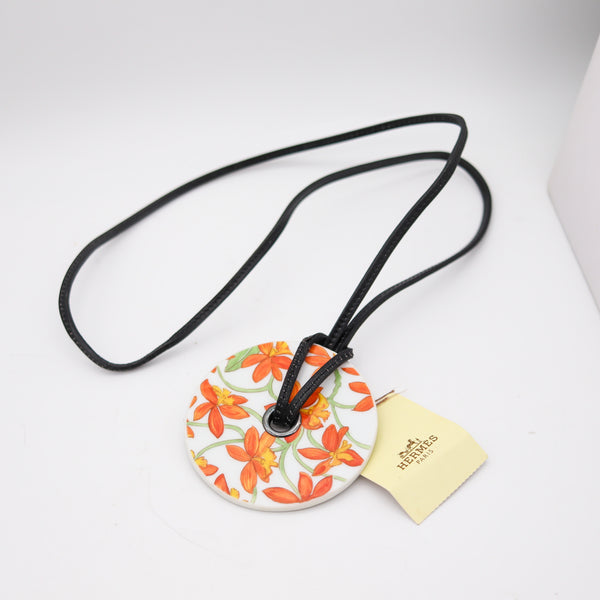 HERMES Paris Jardin Des Orchidees Porcelain & Leather Necklace In Hermès Box