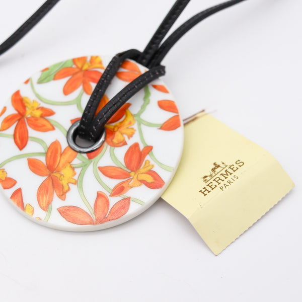HERMES Paris Jardin Des Orchidees Porcelain & Leather Necklace In Hermès Box