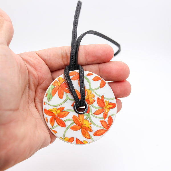HERMES Paris Jardin Des Orchidees Porcelain & Leather Necklace In Hermès Box