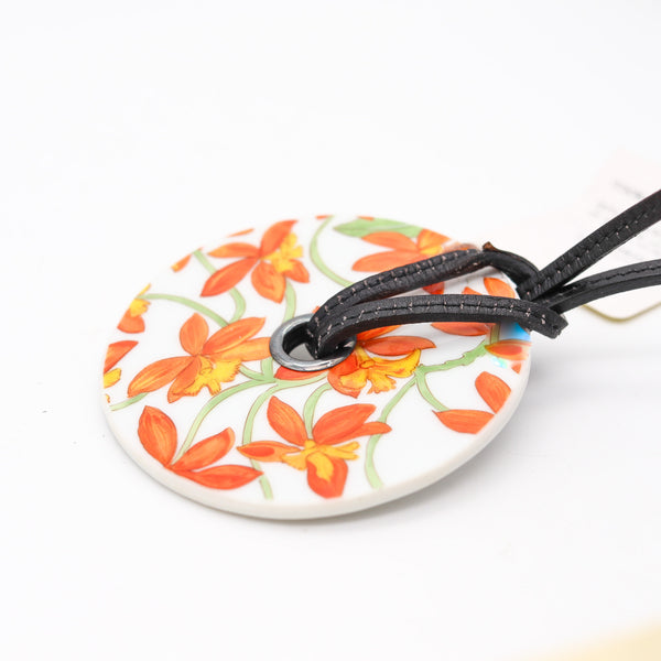 HERMES Paris Jardin Des Orchidees Porcelain & Leather Necklace In Hermès Box