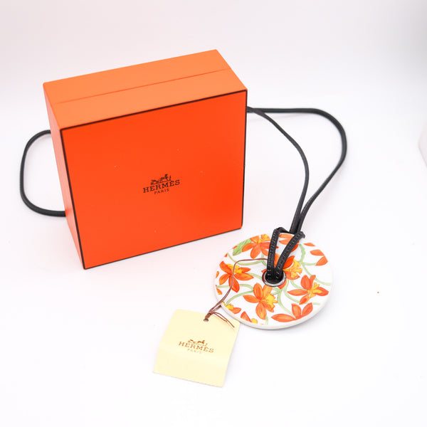 HERMES Paris Jardin Des Orchidees Porcelain & Leather Necklace In Hermès Box
