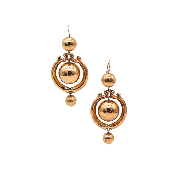 -Victorian 1880 Etruscan Revival Dangle Drop Earrings In 15 Kt Yellow Gold