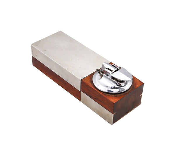 -Ronson 1960 Modernist Cigarette Box With Lighter In Cedar Wood And Brushed Aluminum