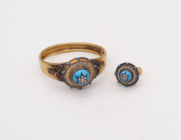 -Victorian 1870 Etruscan Revival Celestial Star Ring In 15Kt Gold With Pearls