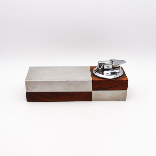 -Ronson 1960 Modernist Cigarette Box With Lighter In Cedar Wood And Brushed Aluminum