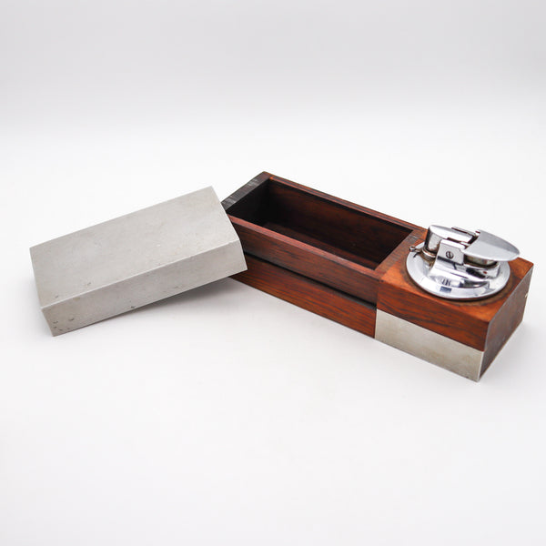 -Ronson 1960 Modernist Cigarette Box With Lighter In Cedar Wood And Brushed Aluminum