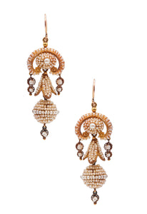 -Portuguese Iberian 1850 Dangle Drop Filigree Earrings In 21Kt Gold With Seed Pearls