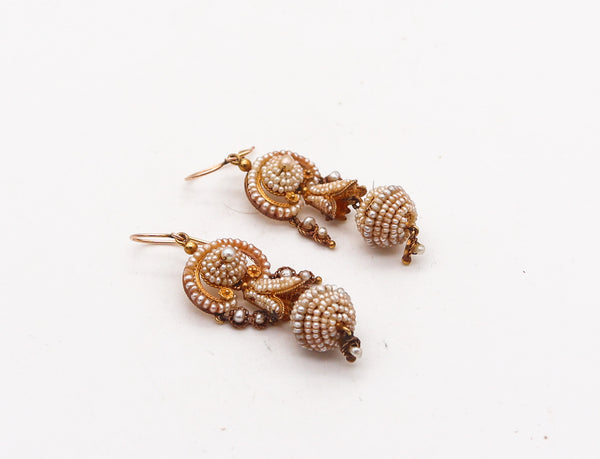 -Portuguese Iberian 1850 Dangle Drop Filigree Earrings In 21Kt Gold With Seed Pearls