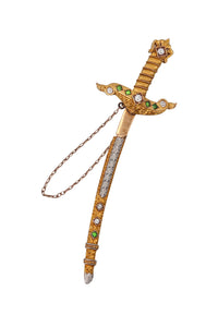 -Renaissance Revival 1880 Sword Jabot In 18Kt Gold With Demantoids And Diamonds