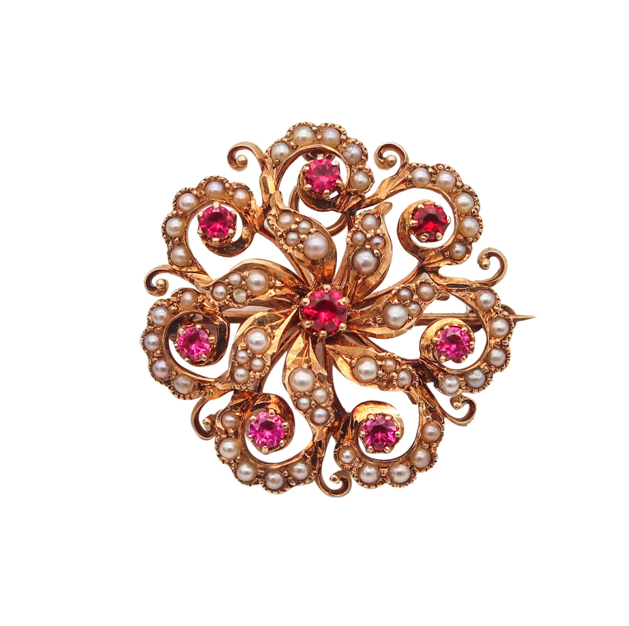 -Victorian 1890 Convertible Pendant Brooch In Solid 14Kt Gold With Pearls And Rubies