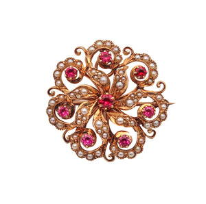 -Victorian 1890 Convertible Pendant Brooch In Solid 14Kt Gold With Pearls And Rubies