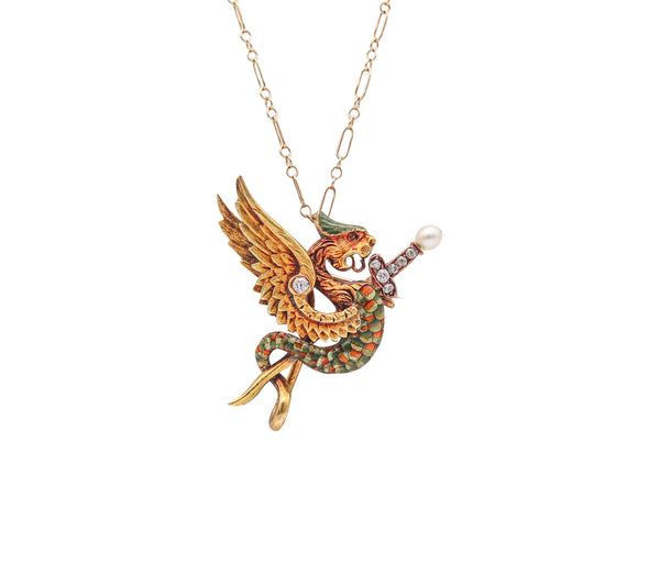 -England 1870 Neo Gothic Pendant With Griffin In 18Kt Yellow Gold With Diamonds