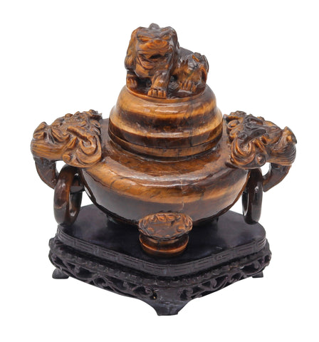 QING DYNASTY 20th Century Carved Tiger's Eye Foo-Dog Censer With Cover Lid