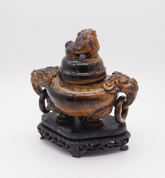 QING DYNASTY 20th Century Carved Tiger's Eye Foo-Dog Censer With Cover Lid