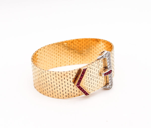 -Tiffany Co. 1935 Belt Buckle Bracelet In 14Kt Gold Platinum With 2.37 Ctw In Diamonds And Rubies