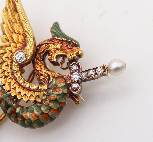 -England 1870 Neo Gothic Pendant With Griffin In 18Kt Yellow Gold With Diamonds