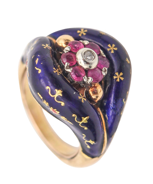 -Victorian 1880 Blue Enameled Celestial Ring In 15Kt Gold With Rubies And Diamond