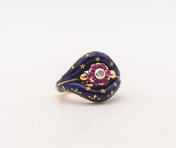 -Victorian 1880 Blue Enameled Celestial Ring In 15Kt Gold With Rubies And Diamond