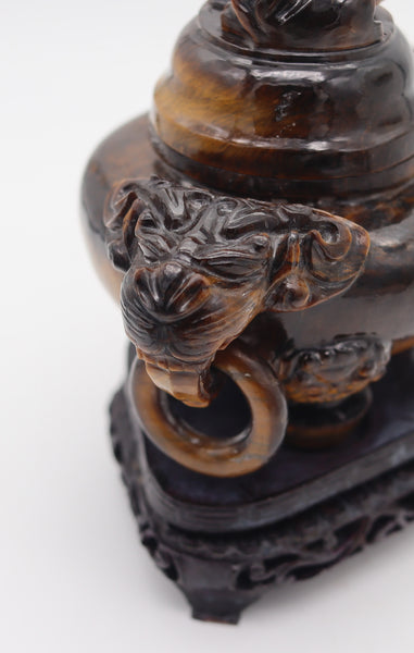 QING DYNASTY 20th Century Carved Tiger's Eye Foo-Dog Censer With Cover Lid