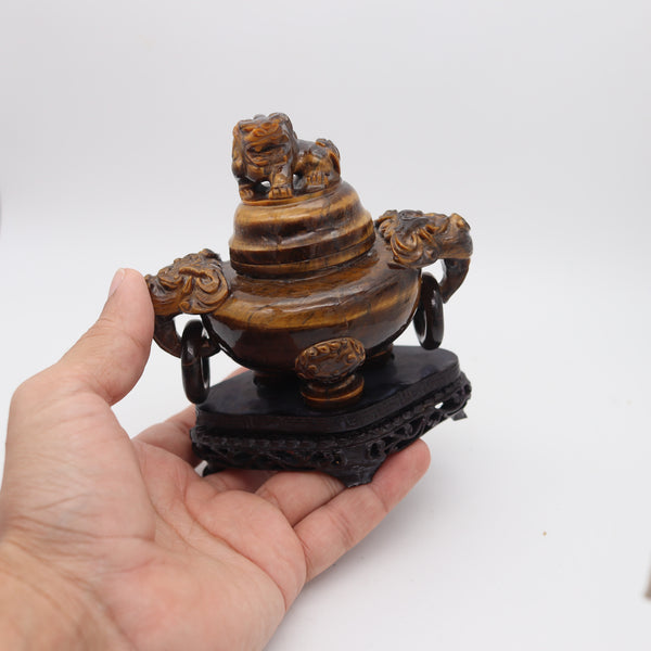 QING DYNASTY 20th Century Carved Tiger's Eye Foo-Dog Censer With Cover Lid