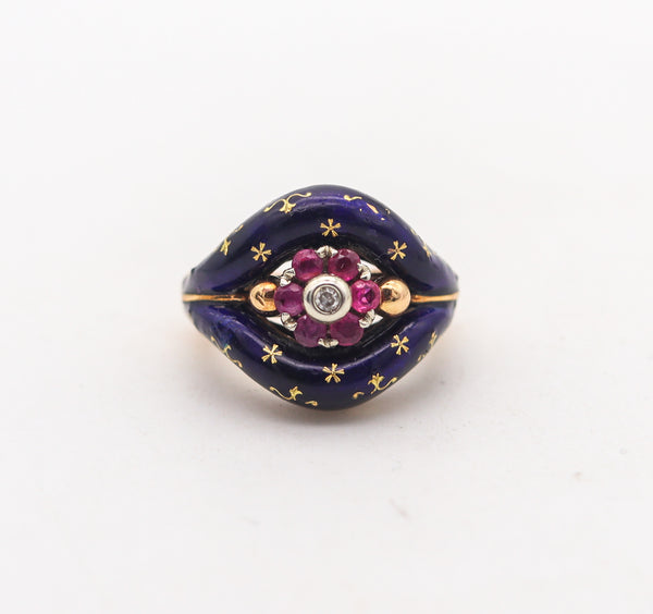 -Victorian 1880 Blue Enameled Celestial Ring In 15Kt Gold With Rubies And Diamond