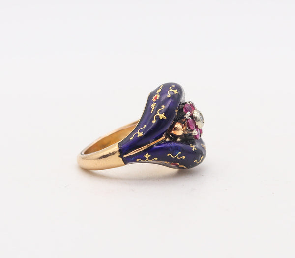 -Victorian 1880 Blue Enameled Celestial Ring In 15Kt Gold With Rubies And Diamond