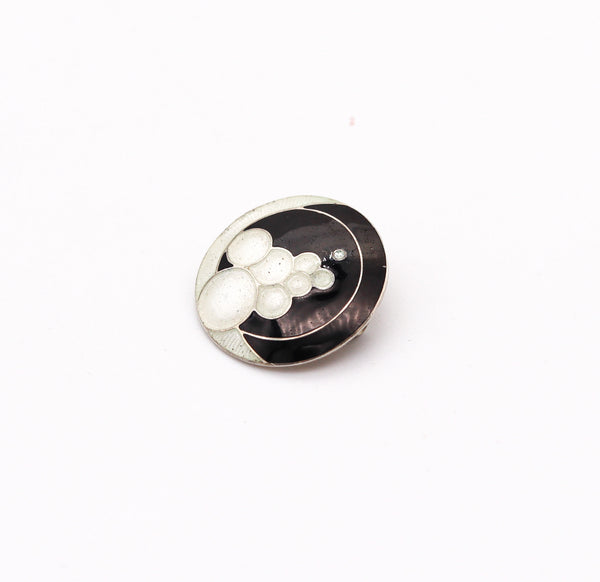 NILS ERIK ELVIK 1930 Norway Art Deco Guilloche Enamel Brooch In Sterling Silver