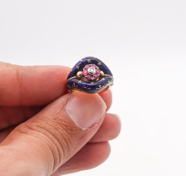 -Victorian 1880 Blue Enameled Celestial Ring In 15Kt Gold With Rubies And Diamond