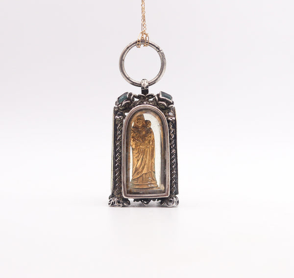 -Spanish Colonial 1800 Saint Joseph Filigree Reliquary In .900 Silver Gold And Emeralds