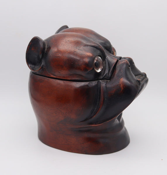 ENGLAND 1930 Art-Deco Bulldog Figural Desk Box In Carved Wood