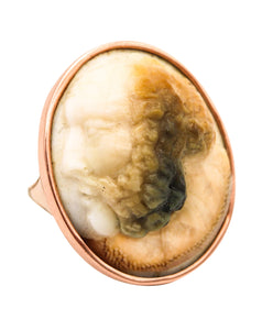 -Victorian 1870 Operculum Carved Shell Memento Ring In 14Kt Yellow And Rose Gold