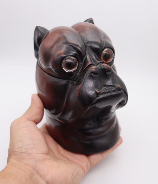 ENGLAND 1930 Art-Deco Bulldog Figural Desk Box In Carved Wood