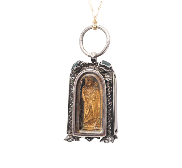 -Spanish Colonial 1800 Saint Joseph Filigree Reliquary In .900 Silver Gold And Emeralds