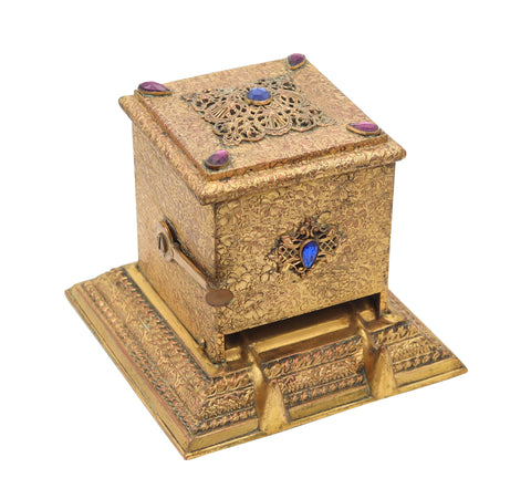 RONSON 1925 Art & Craft Mechanical Desk Cigarettes Dispenser In Filigree Gilt Bronze