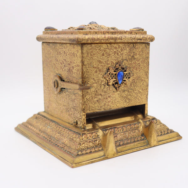 RONSON 1925 Art & Craft Mechanical Desk Cigarettes Dispenser In Filigree Gilt Bronze