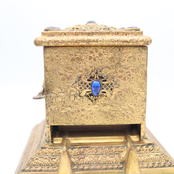 RONSON 1925 Art & Craft Mechanical Desk Cigarettes Dispenser In Filigree Gilt Bronze