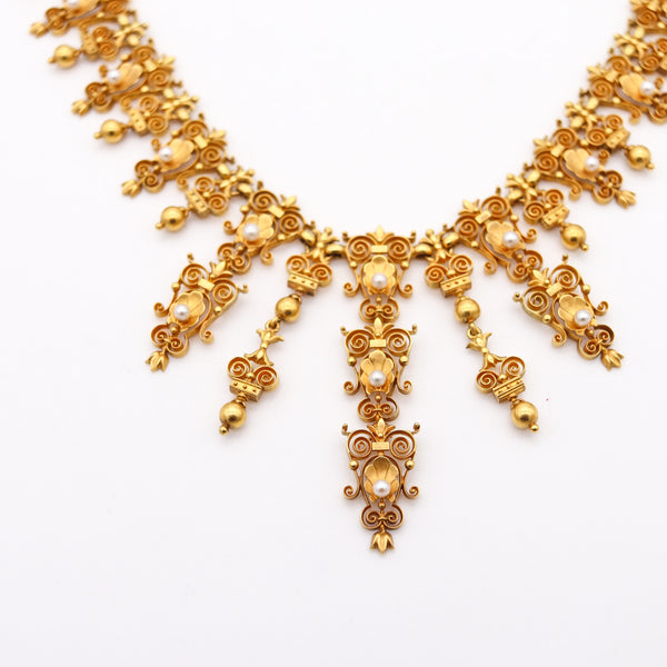 VICTORIAN 1880 Etruscan Neo Gothic Necklace In 19Kt Yellow Gold & Natural Pearls