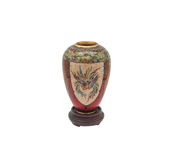 -Japan 1890 Meiji Period Decorative Vase In Cloisonné Enamel With Wood Base