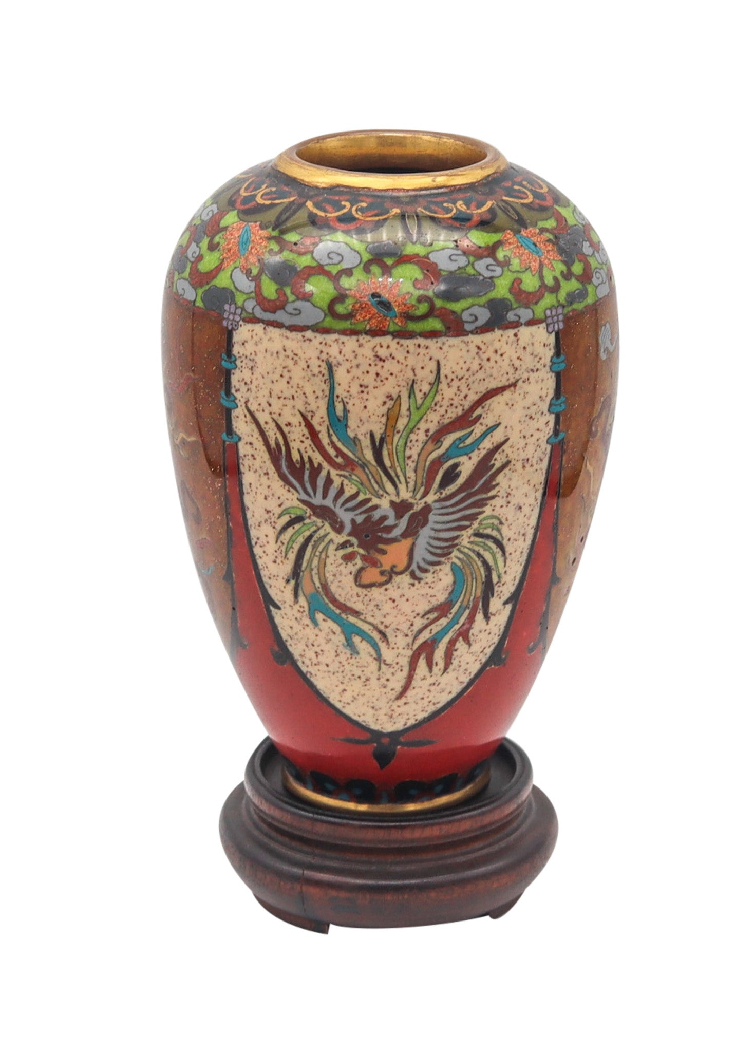 -Japan 1890 Meiji Period Decorative Vase In Cloisonné Enamel With Wood Base