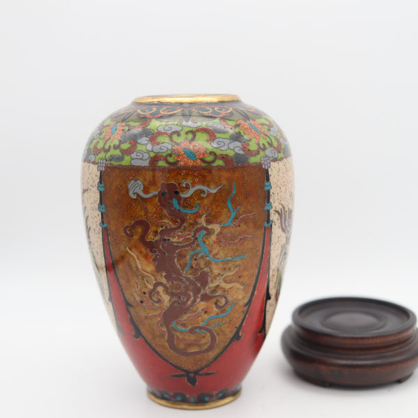 -Japan 1890 Meiji Period Decorative Vase In Cloisonné Enamel With Wood Base