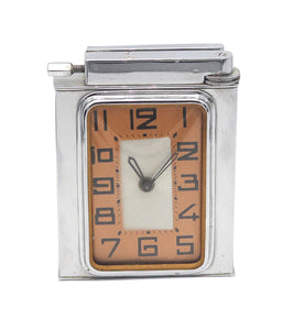 -Polaire Paris 1933 Art Deco Table Desk Petrol Lighter-Clock In Chromed Steel