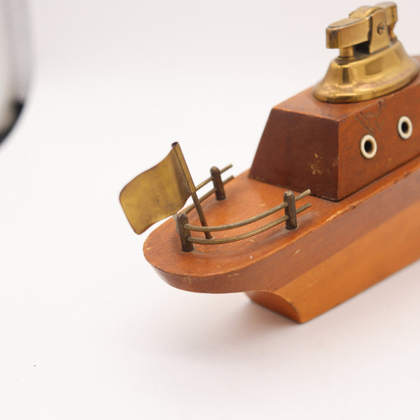 ENGLAND 1950 Mid-Century Desk Table Lighter In a Carved Wood Yacht
