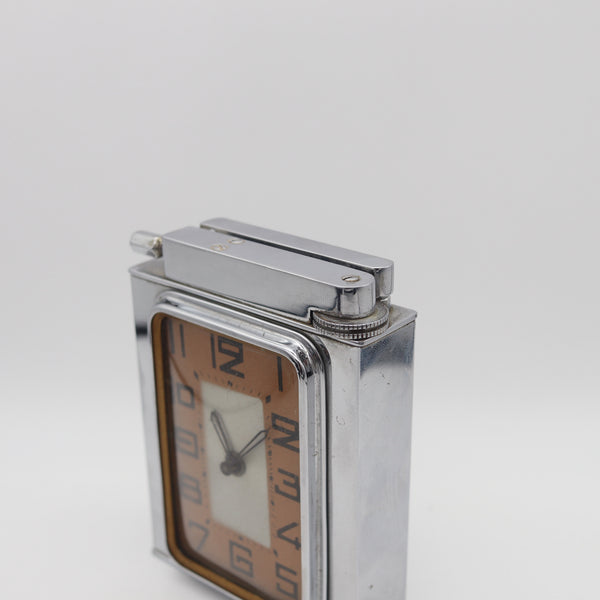 -Polaire Paris 1933 Art Deco Table Desk Petrol Lighter-Clock In Chromed Steel