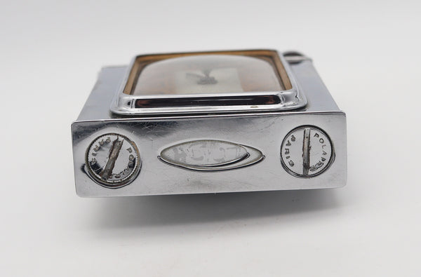 -Polaire Paris 1933 Art Deco Table Desk Petrol Lighter-Clock In Chromed Steel