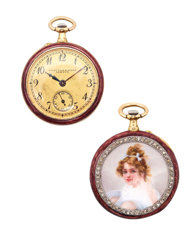 GOLAY FILS & STAHL 1905 Edwardian Enameled Miniature Watch 18Kt Gold & Diamonds