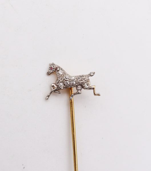 -Edwardian 1909 Horse Stick Pin In 14Kt Gold And Platinum With Rose Cut Diamonds