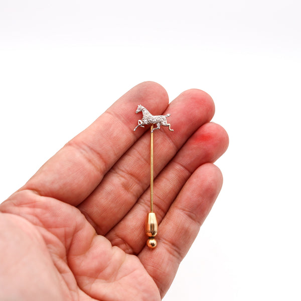 -Edwardian 1909 Horse Stick Pin In 14Kt Gold And Platinum With Rose Cut Diamonds