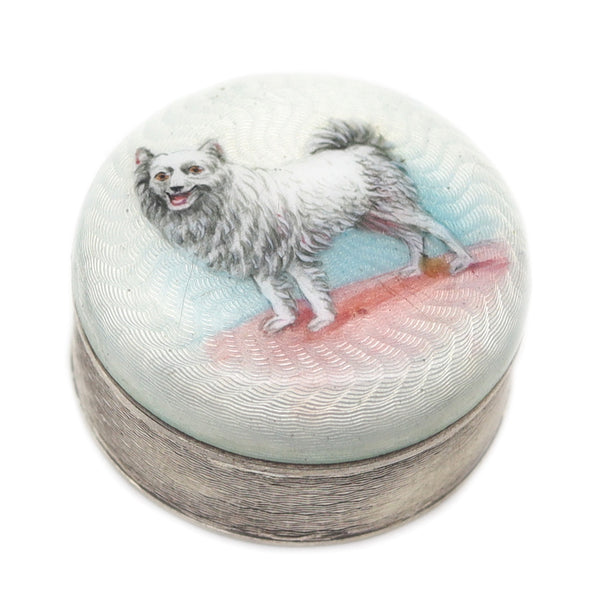 EDWARDIAN 1905 Enameled Dog Guilloche Round Pill Box in .900 Sterling Silver