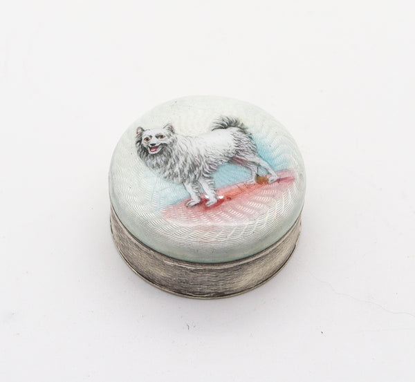EDWARDIAN 1905 Enameled Dog Guilloche Round Pill Box in .900 Sterling Silver